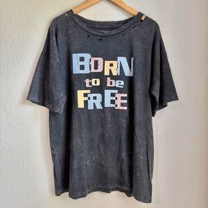 NWT Promesa Acid Wash Dark Gray Distressed Oversized Graphic T "Born to be Free"